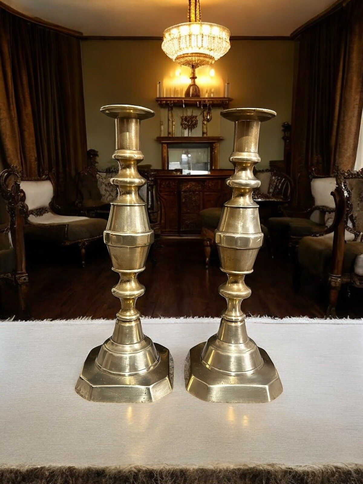 Pair Of Tall Edwardian 1901" Brass Candlesticks With Pushers 32cm High