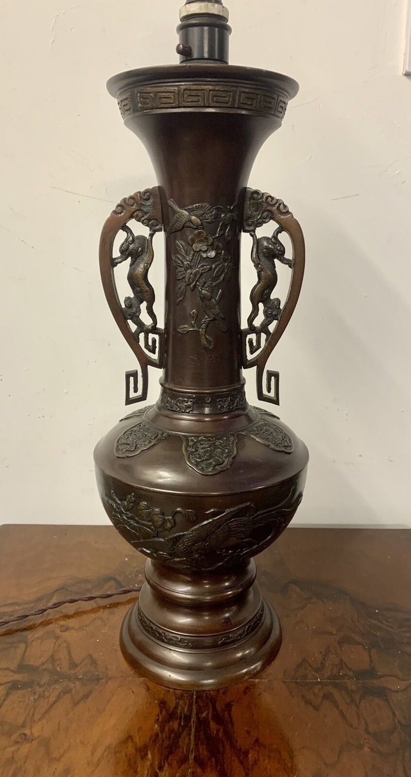 Antique Large Oriental Bronze Urn Shape Vase Table Lamp And 53cm High
