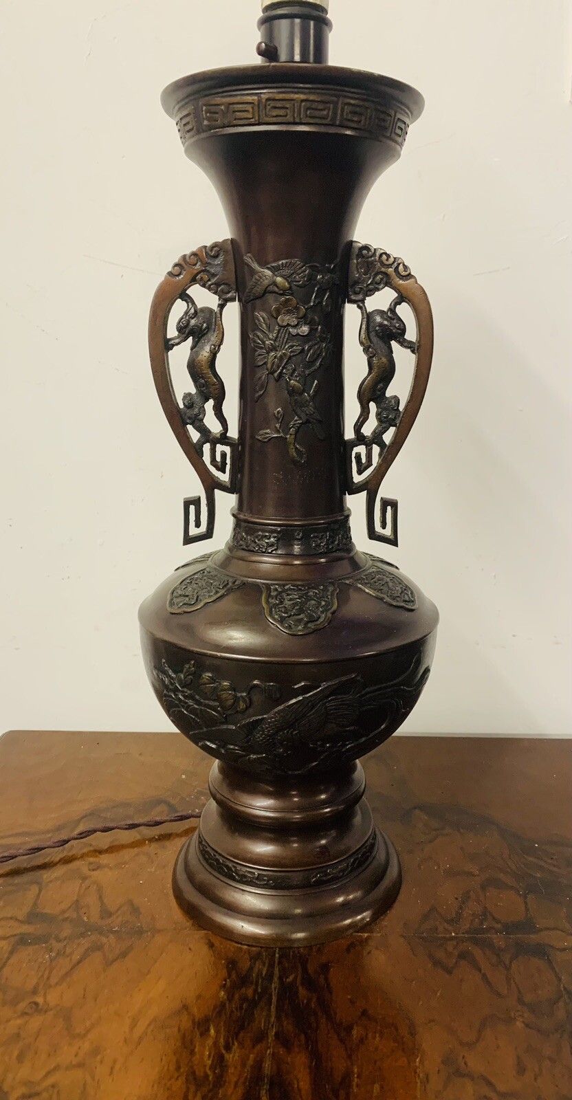 Antique Large Oriental Bronze Urn Shape Vase Table Lamp And 53cm High photo furniture
