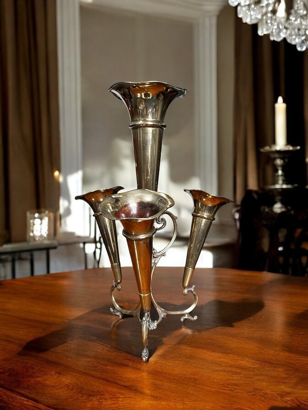 Vintage Silver Plate English Epergnes Tulip 4 Vases photo for sale