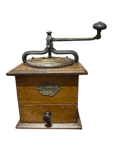 Allez Fred Antique Brass/Wood Hand Crank French Rustic Coffee Grinder/Mill photo for sale