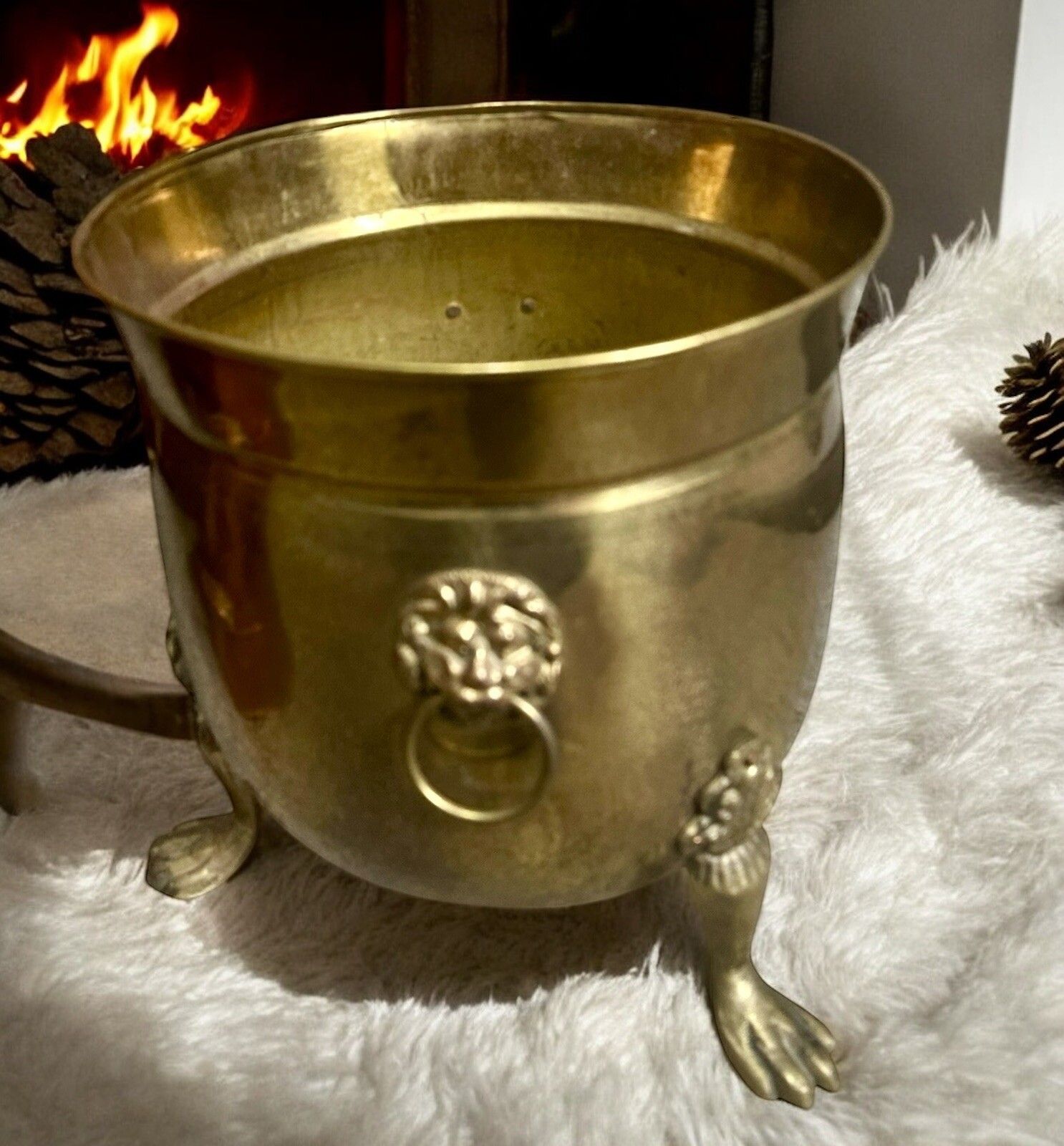 Antique Brass Claw Footed Kindling Bucket Or Planter Lion Handles photo furniture