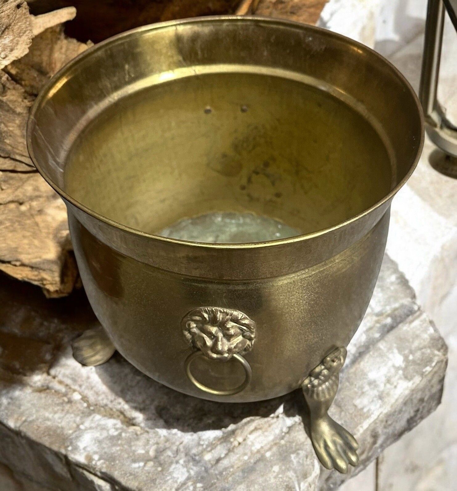 Antique Brass Claw Footed Kindling Bucket Or Planter Lion Handles photo for sale