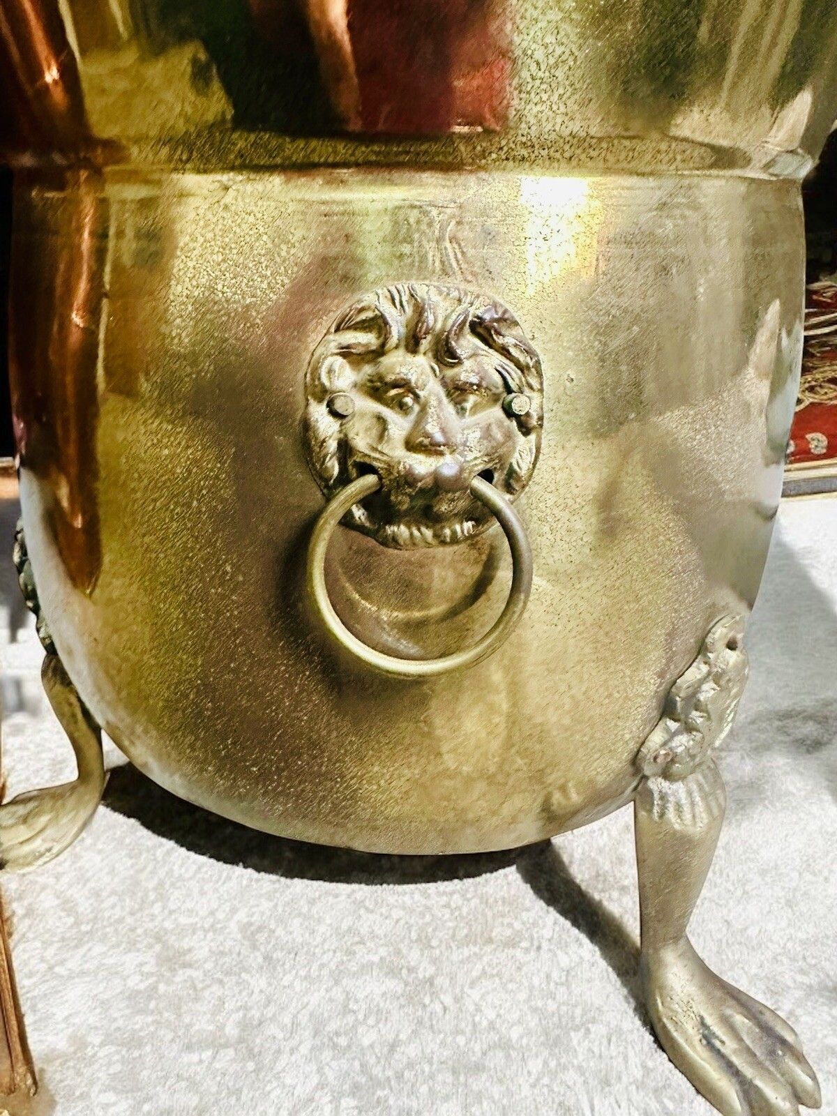Antique Brass Claw Footed Kindling Bucket Or Planter Lion Handles photo vinterior