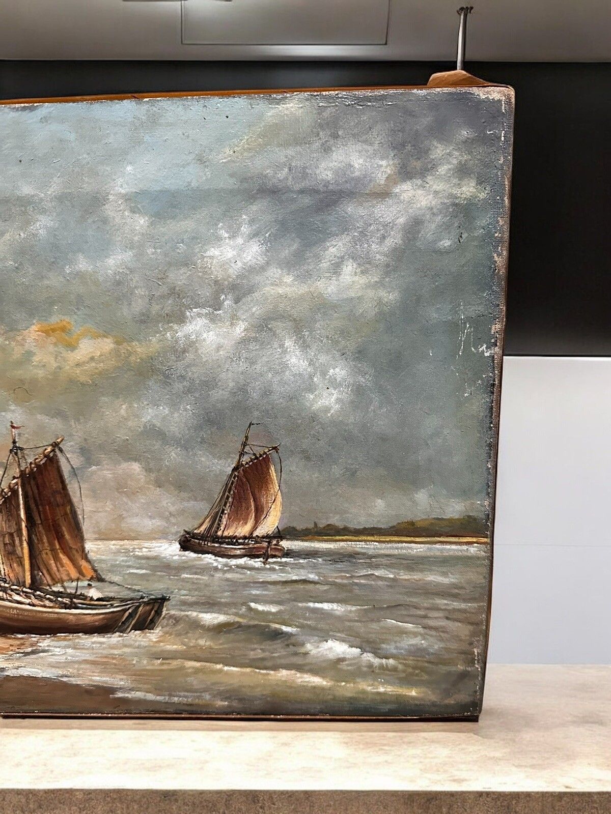 Dutch 19th Century Oil Painting On Canvas Nautical Boat Scene photo for sale