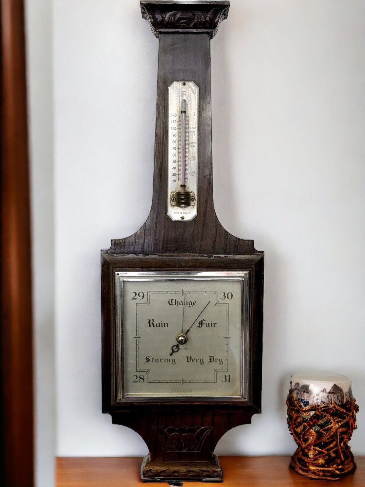 Superb Art Deco Oak Smiths England Weather Barometer