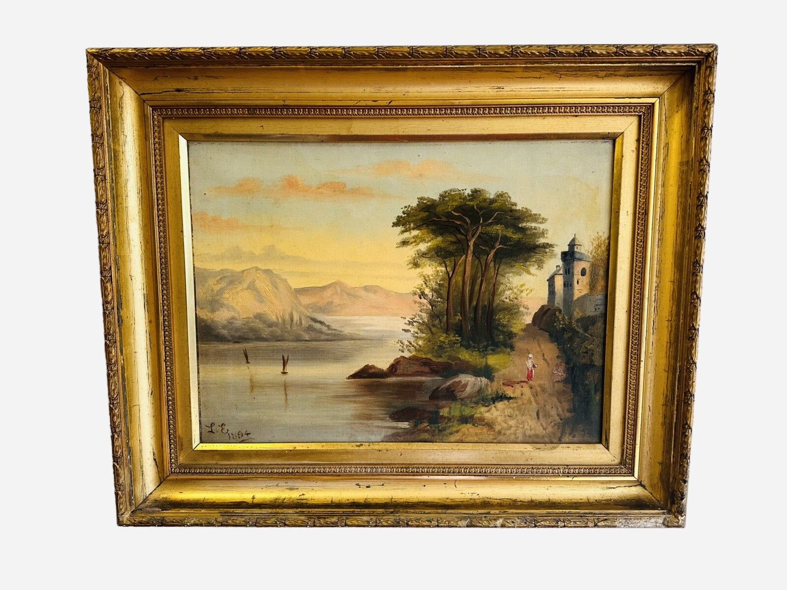 Original Victorian Signed Oil On Canvas Seascape Landscape Scene 51 By 41cm