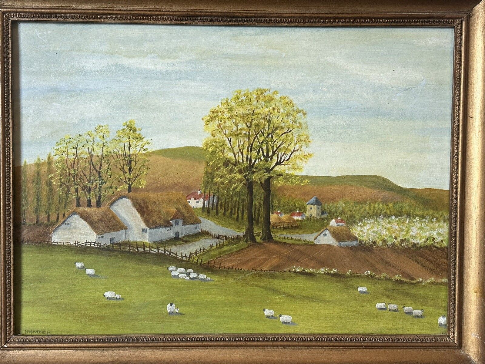 Mid Century Oil Painting Sheep, Farm Countryside Landscape Scene 68x54cm photo for sale