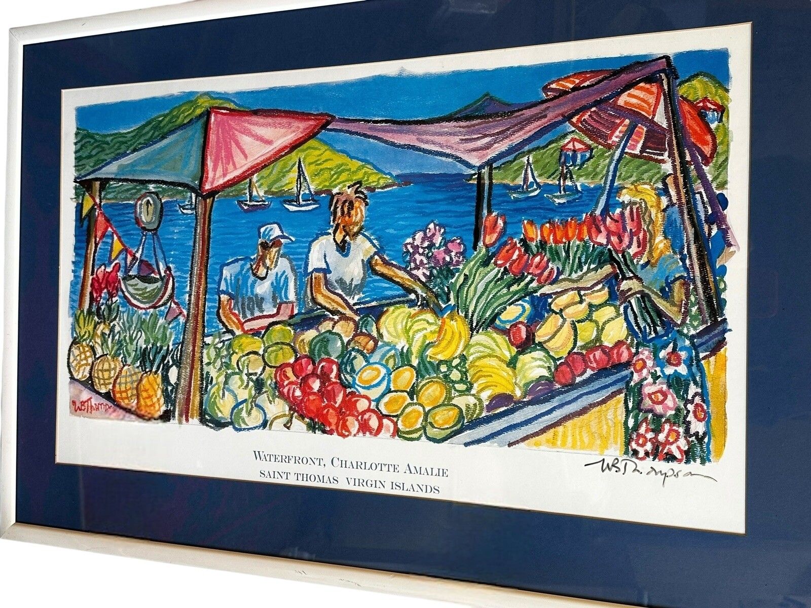 Vintage Signed Wb Thompson Lithograph Waterfront, Charlotte Amalie 90by60cm photo for sale