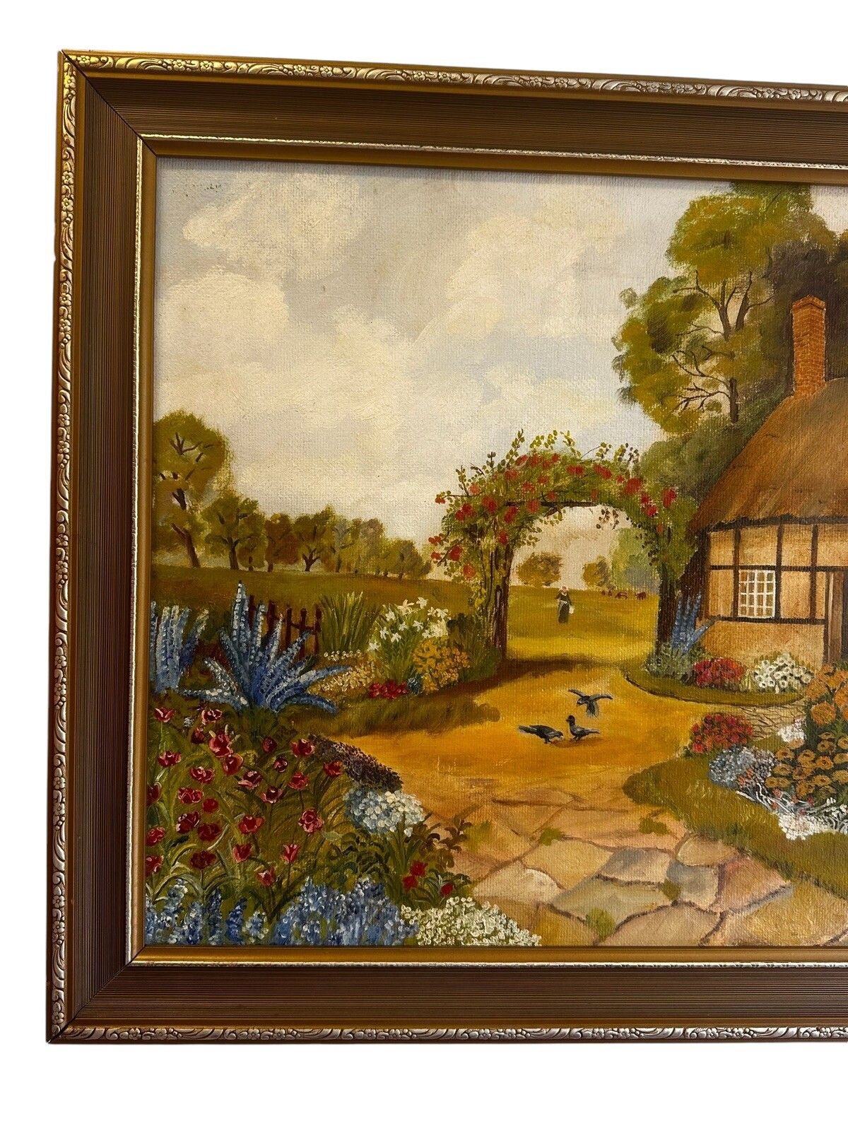 Mid Century Signed Country Cottage Oil Painting  59cm By 49cm photo furniture