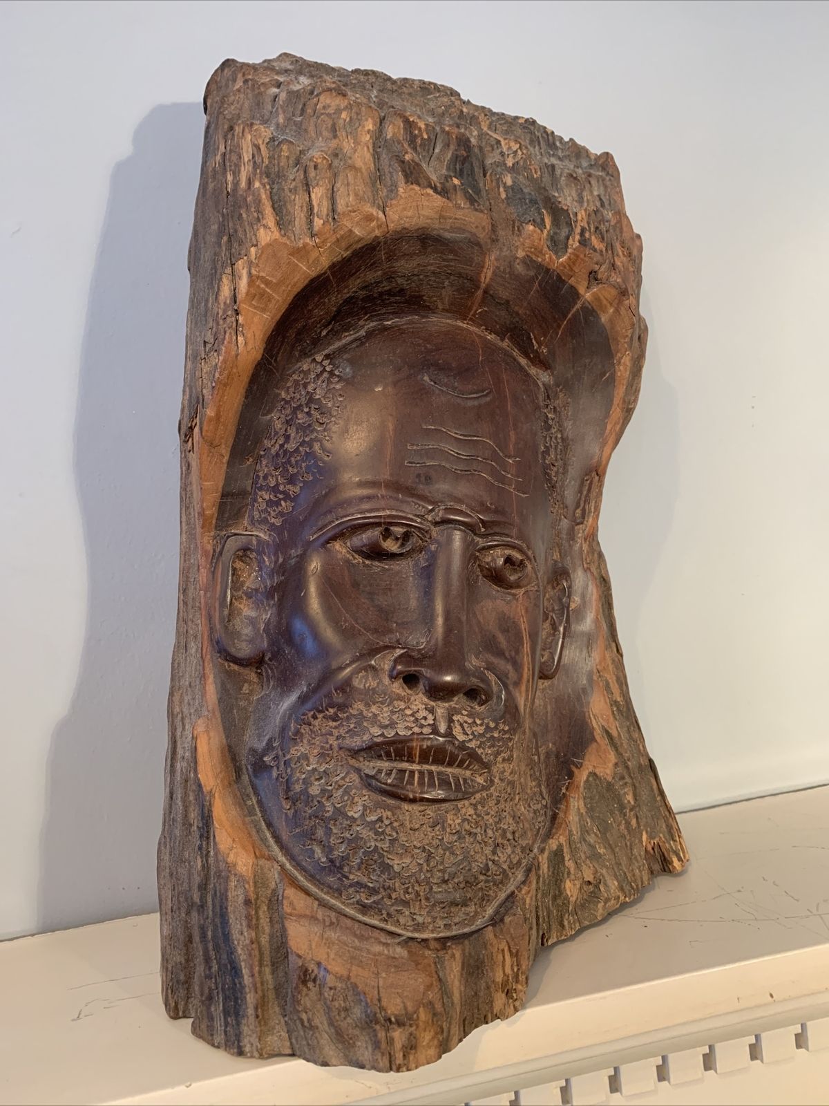 African. Authentic Antique Art Tribal Carved Face In Wooden Tree Trunk photo furniture