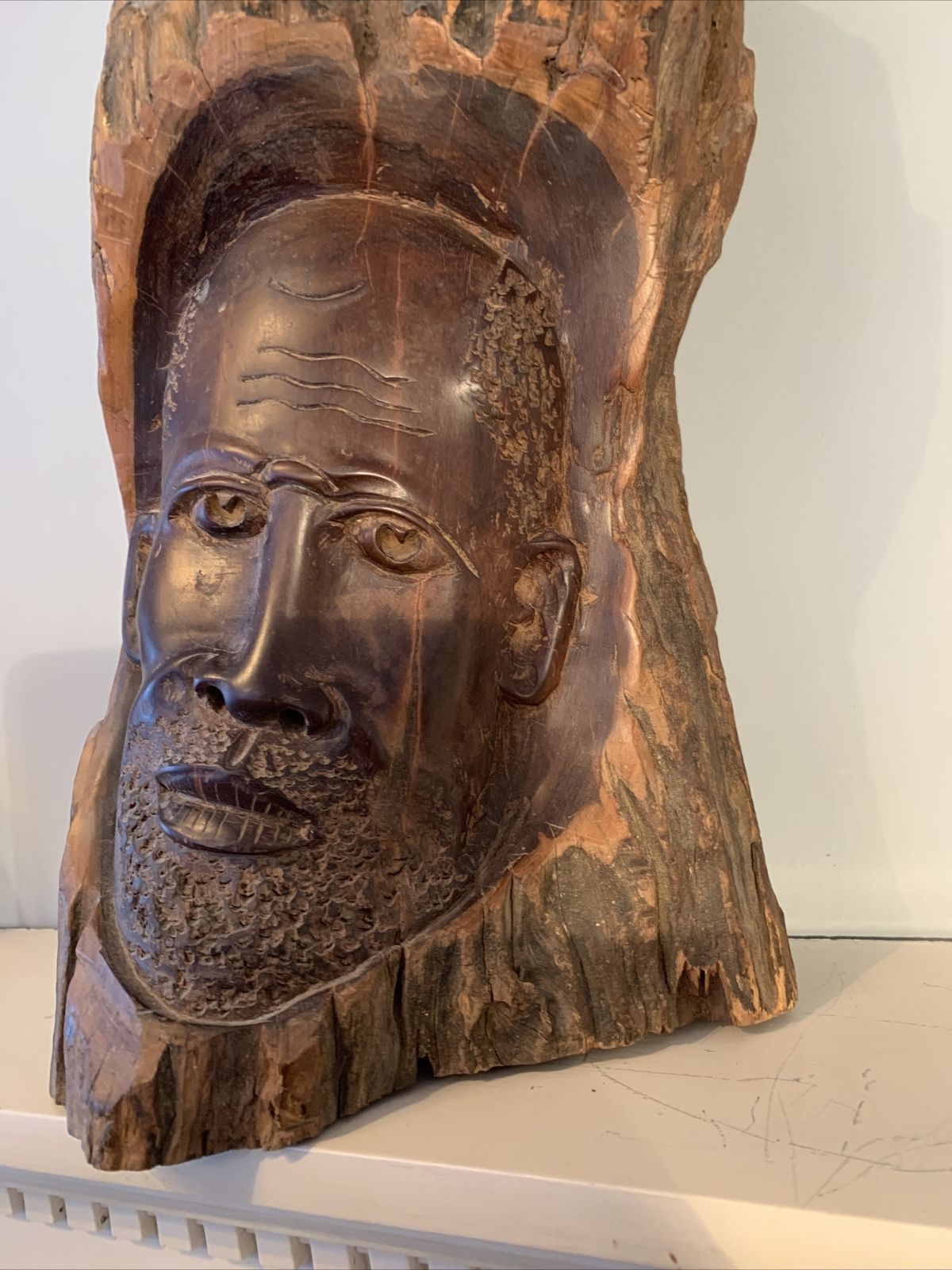 African. Authentic Antique Art Tribal Carved Face In Wooden Tree Trunk photo Home Decor