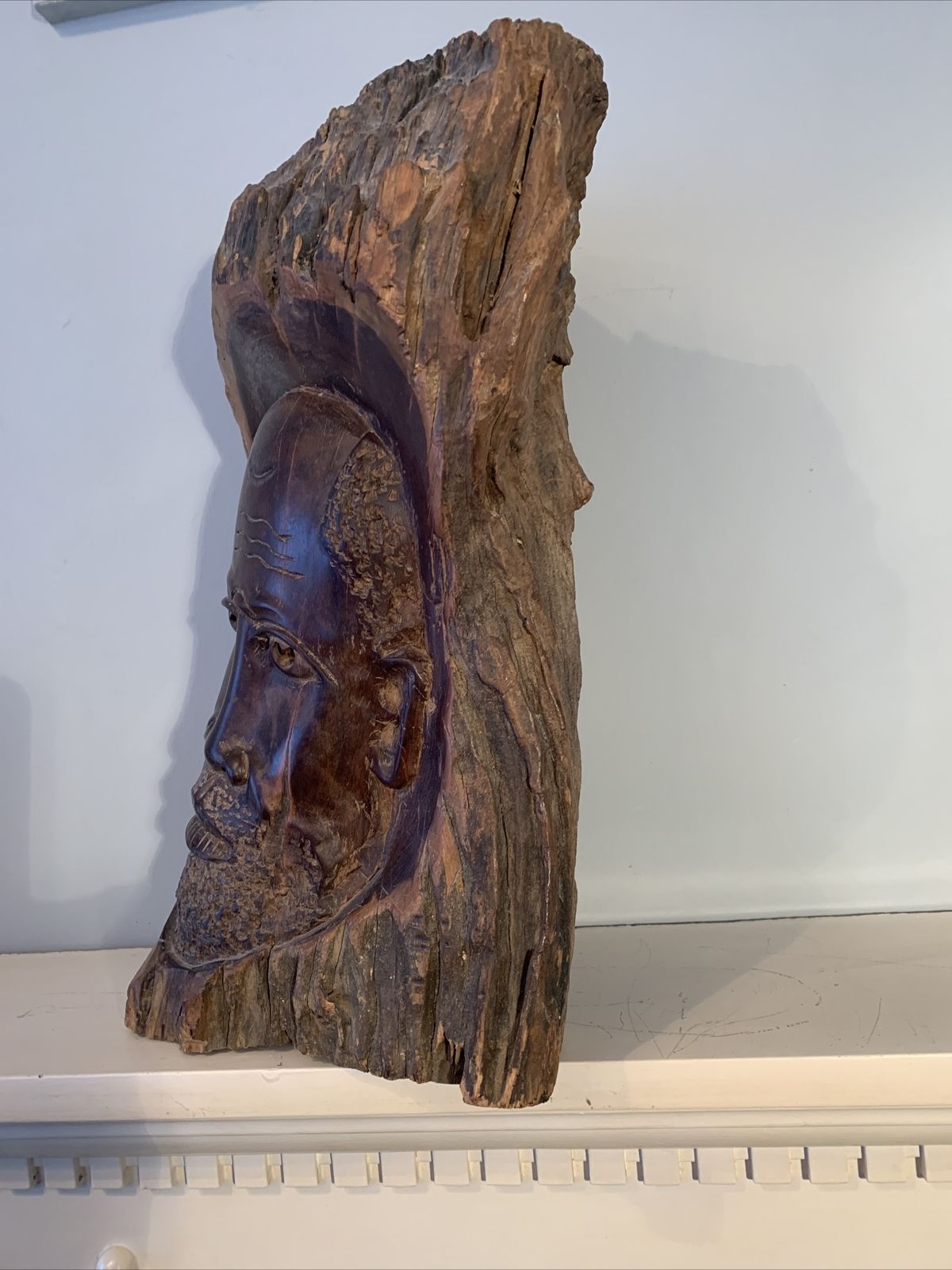 African. Authentic Antique Art Tribal Carved Face In Wooden Tree Trunk photo buy