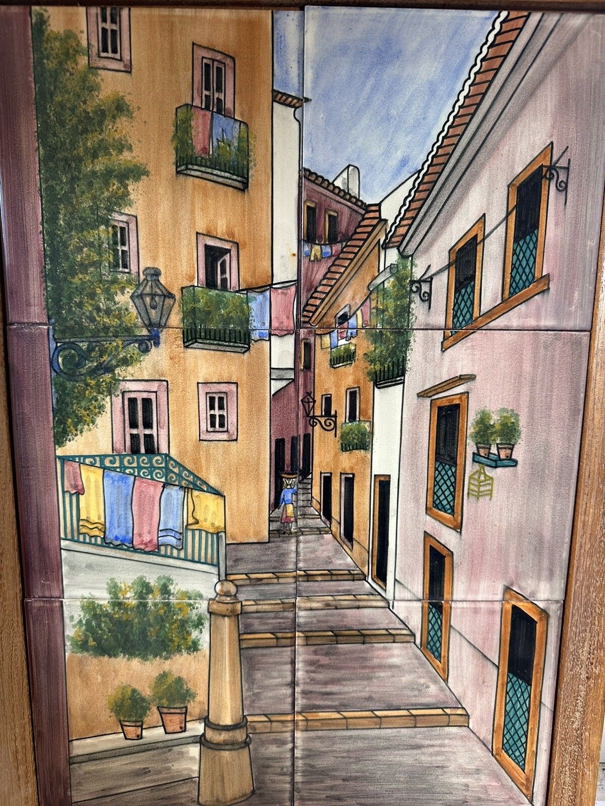 Reclaimed Mid Century Hand Painted Wall Tiles Street Scene Portugal  C1970’s photo 70.0