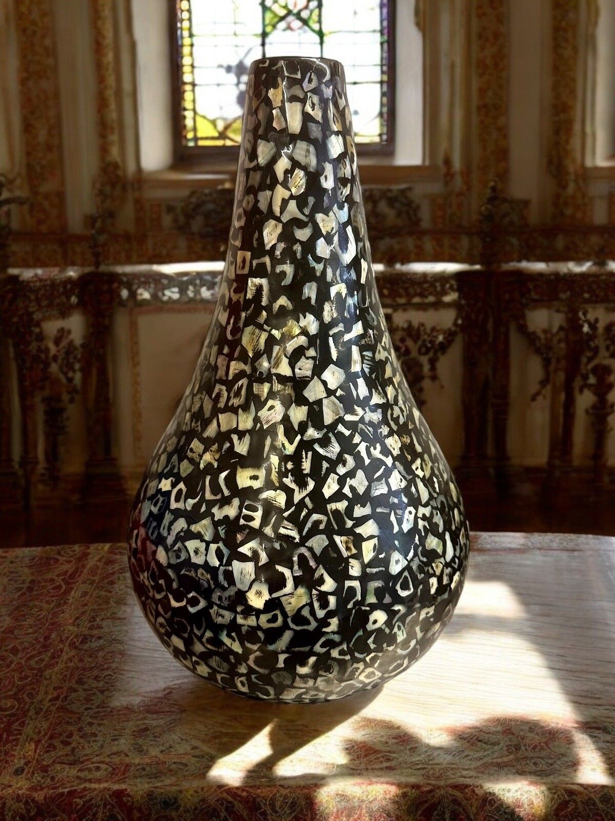 Mid Century Mother Of Pearl Mosaic Hand Made Large Vase  35cm H Gorgeous