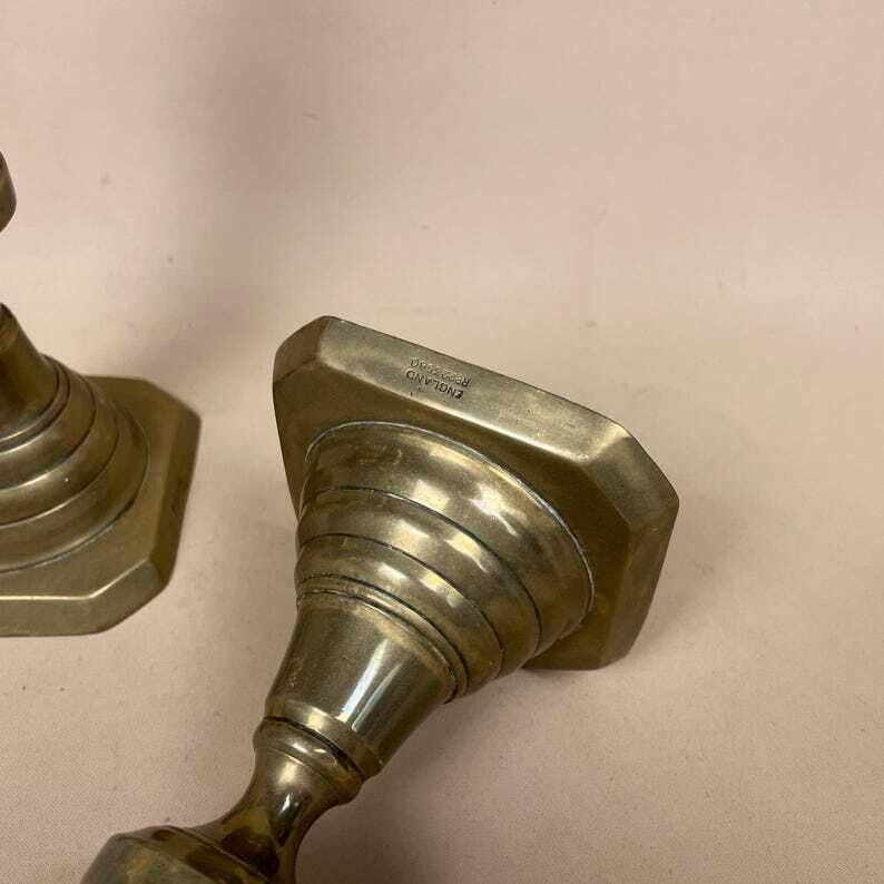 Antique Matching Pair Of 2 Gold Solid Brass Metal Candlestick Candle Stick Ornate Vintage Taper Dinner Candlesticks Set photo vinterior