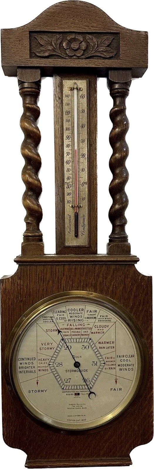 Superb Art Deco Oak Barley Twist Weather Barometer Tyco’s  England