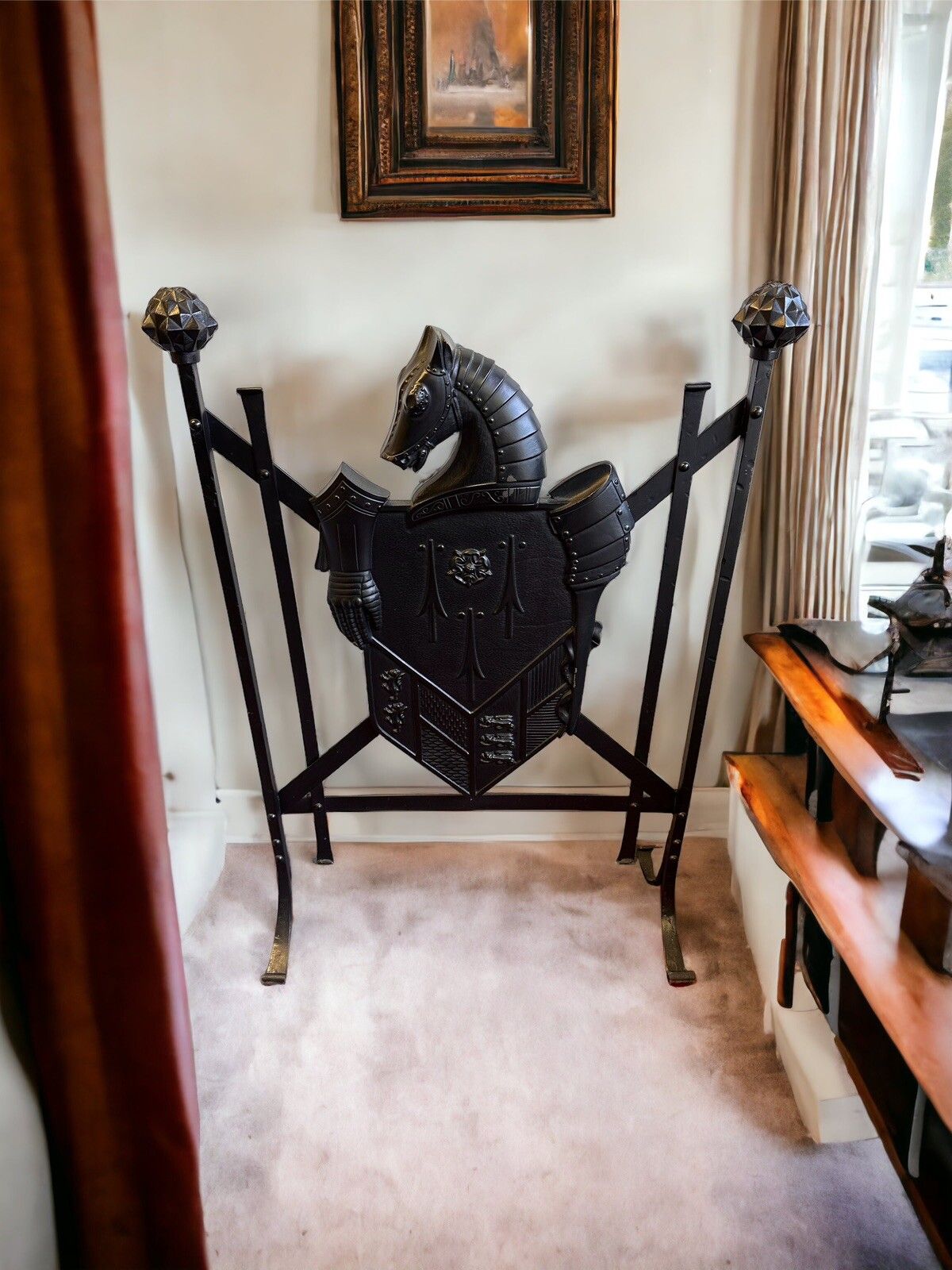 Superb Vintage Quality Wrought Iron Horse Shied Fireguard