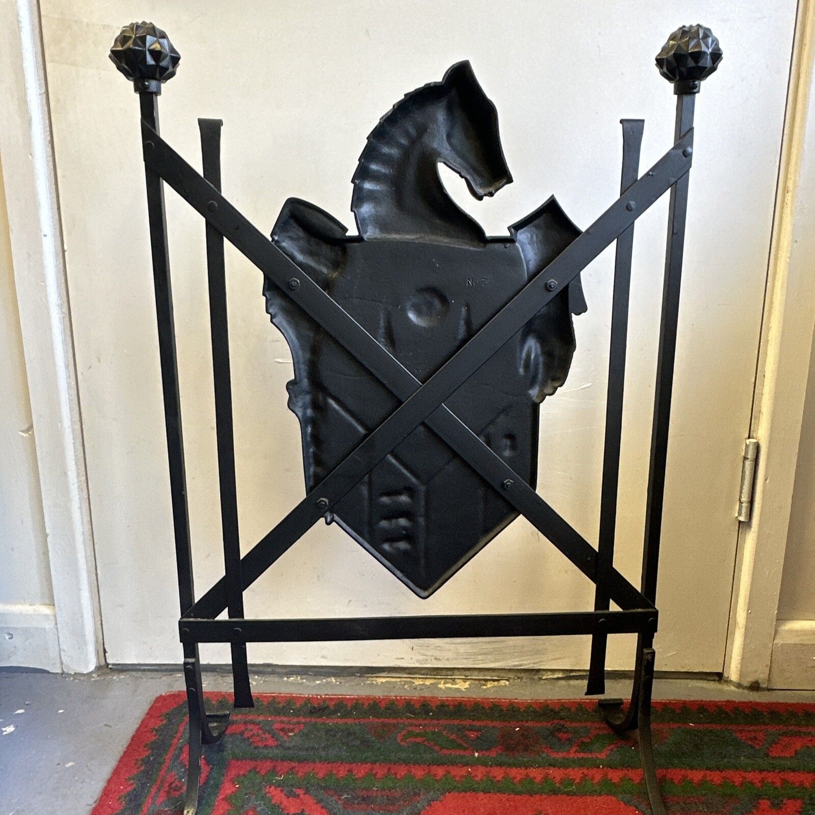 Superb Vintage Quality Wrought Iron Horse Shied Fireguard photo Home Fixtures