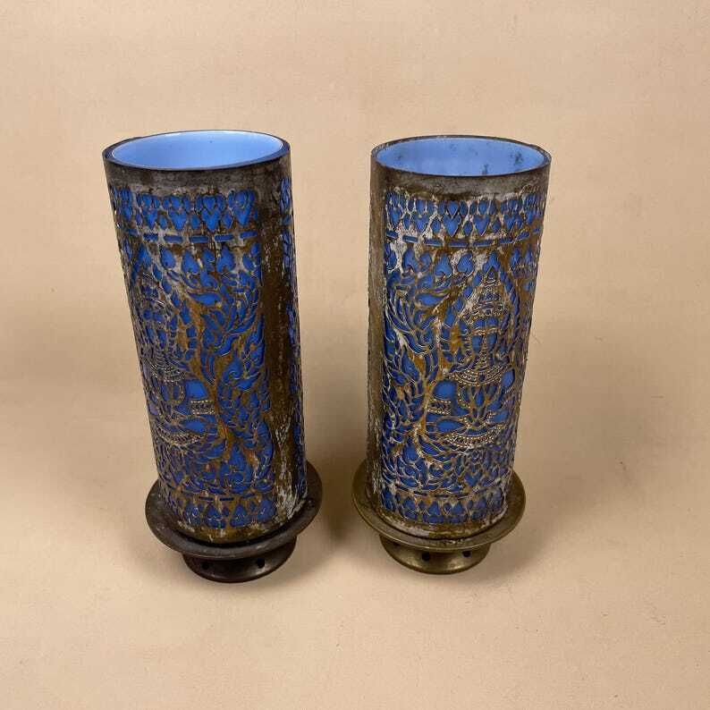 Antique Pair Of Matching Indian Cut Metal Brass Glass Candlestick Candle Stick Holder Tea Lights Vintage Candlesticks Blue Ornate Patterned