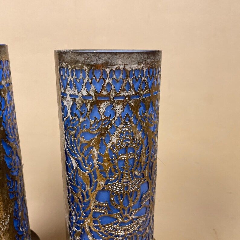 Antique Pair Of Matching Indian Cut Metal Brass Glass Candlestick Candle Stick Holder Tea Lights Vintage Candlesticks Blue Ornate Patterned photo vinterior