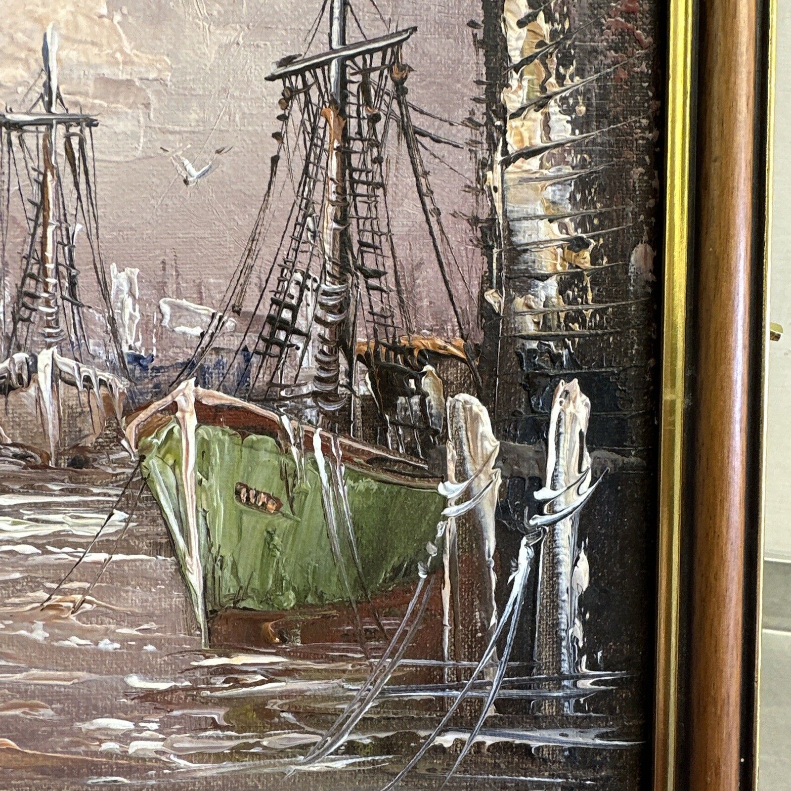 Mid Century Sailboat Oil Painting Harbour Port Seascape Abstract Art Signed photo Art
