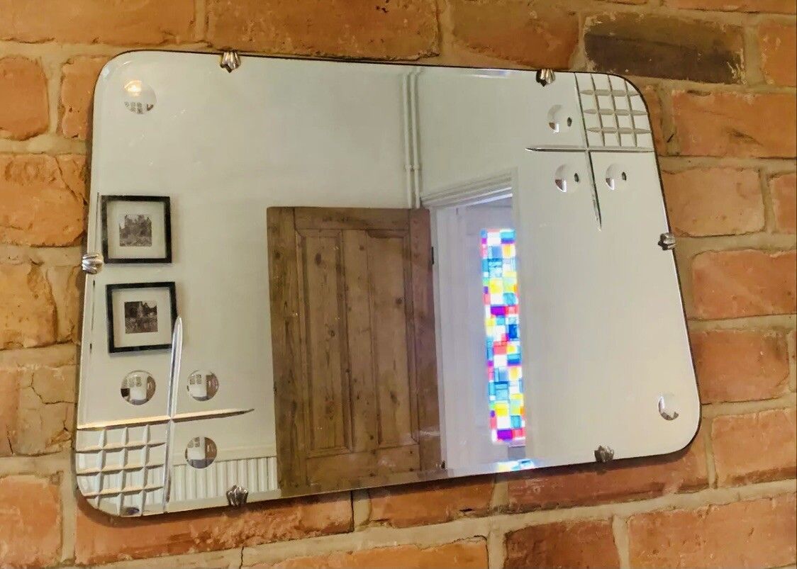Art Deco 1930s Superb Frameless Mirror Antique 60cm By 38cm Wooden / Bevelled