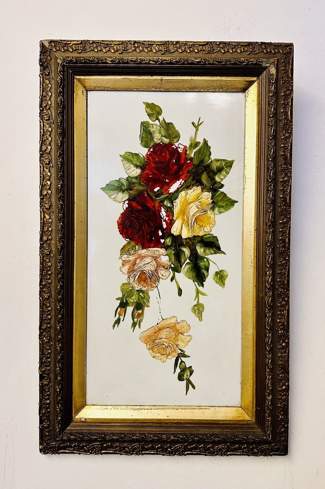 Victorian Floral Botanical Oil Paintings On Glass Panel In Original Gilt Frame