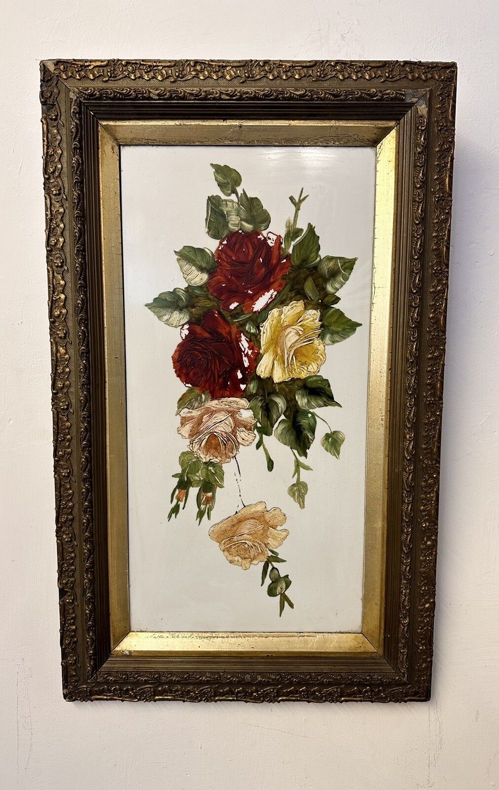 Victorian Floral Botanical Oil Paintings On Glass Panel In Original Gilt Frame photo furniture