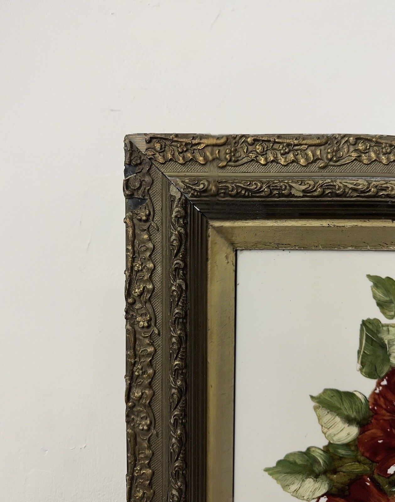 Victorian Floral Botanical Oil Paintings On Glass Panel In Original Gilt Frame photo Art