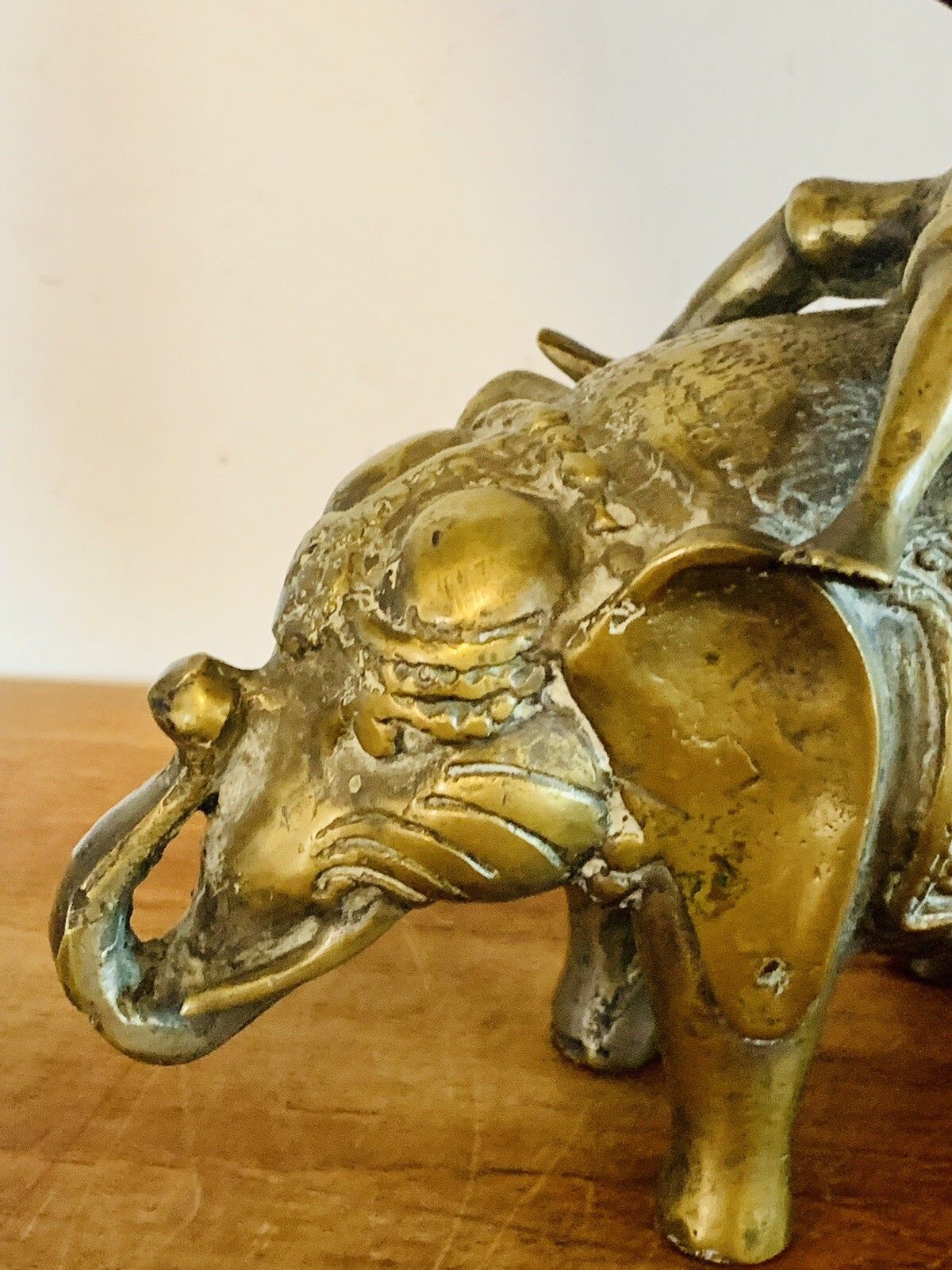 Antique Oriental Chinese Heavy Brass Bronze Shepherd Boy Riding Elephant Statue photo vinterior