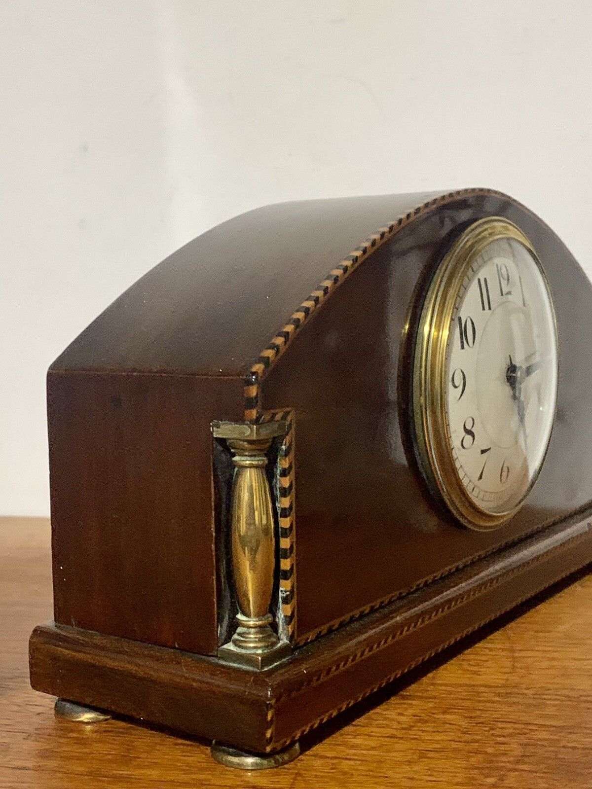 Antique Edwardian French Inlaid Domed Pillar Mantle Clock Mechanical Stunning￼ photo vinterior