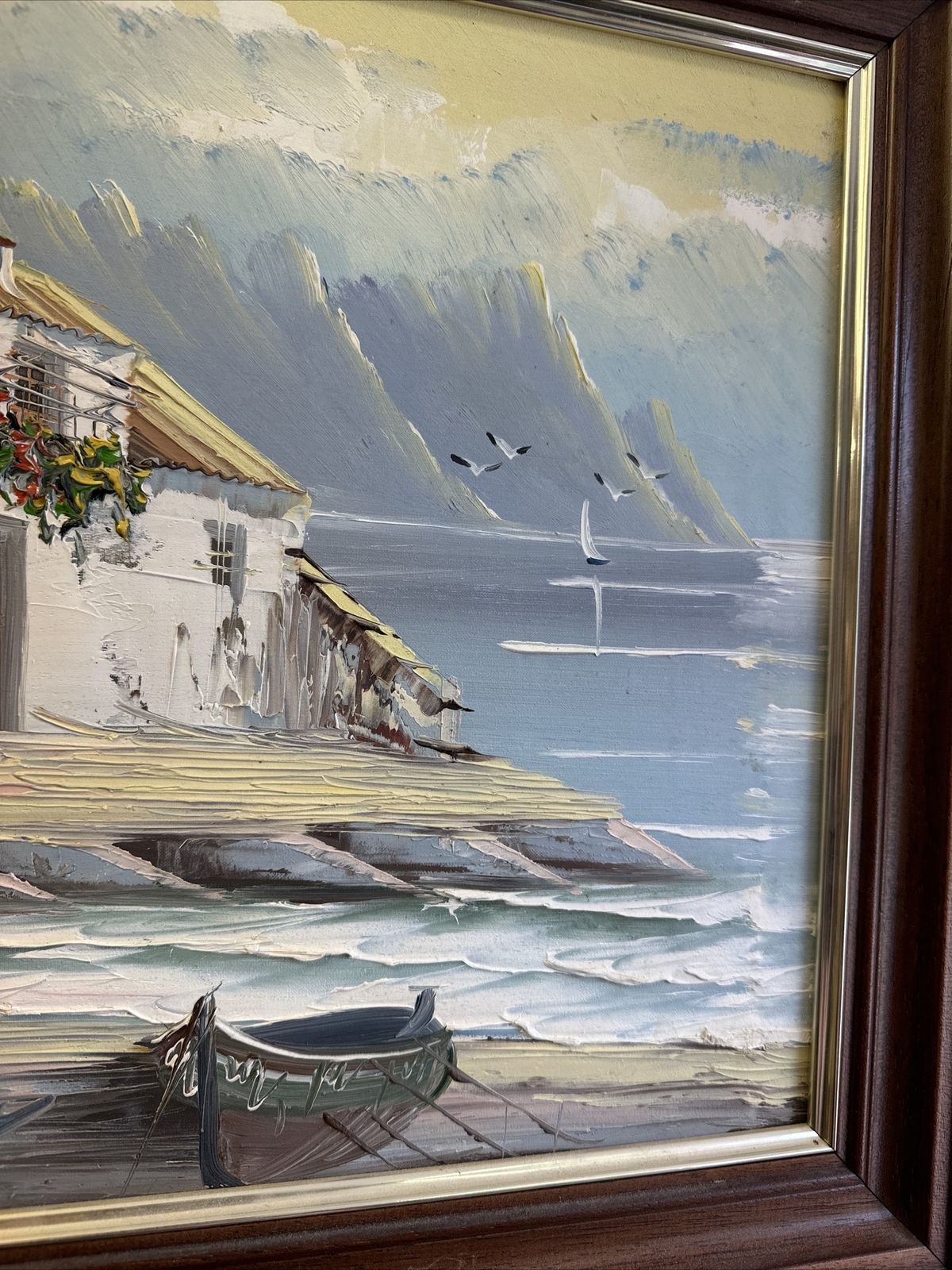 Seascape Marine Signed Oil On Canvas Yacht Fishing Boat Dutch White Houses photo vinterior