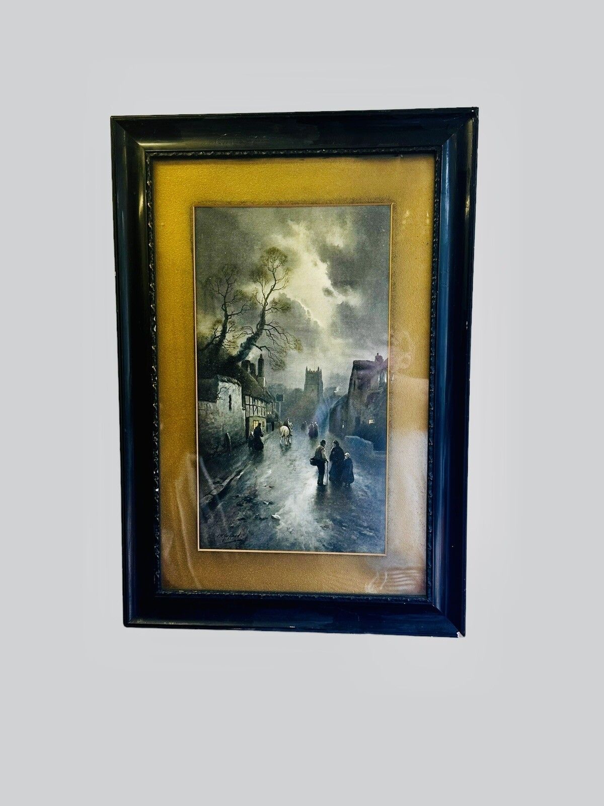 Antique Lithograph /Village By Moonlight. James Walter  Gozzard 66cm By 45cm photo for sale