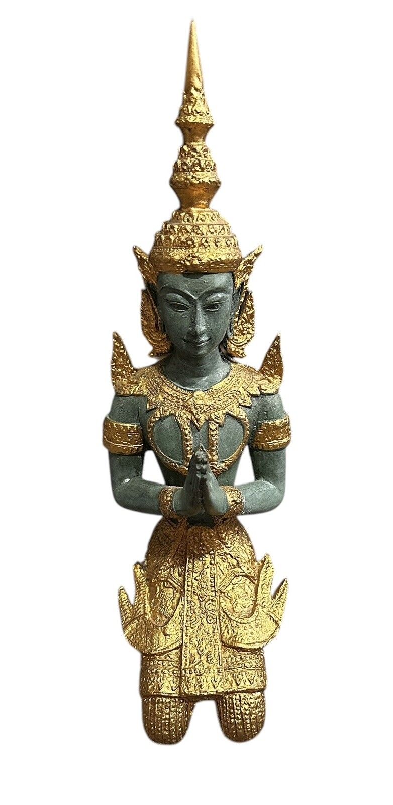 Early 20th Gilt Verdi Heavy Bronze Kneeling Praying Deity 33cm Tall photo for sale