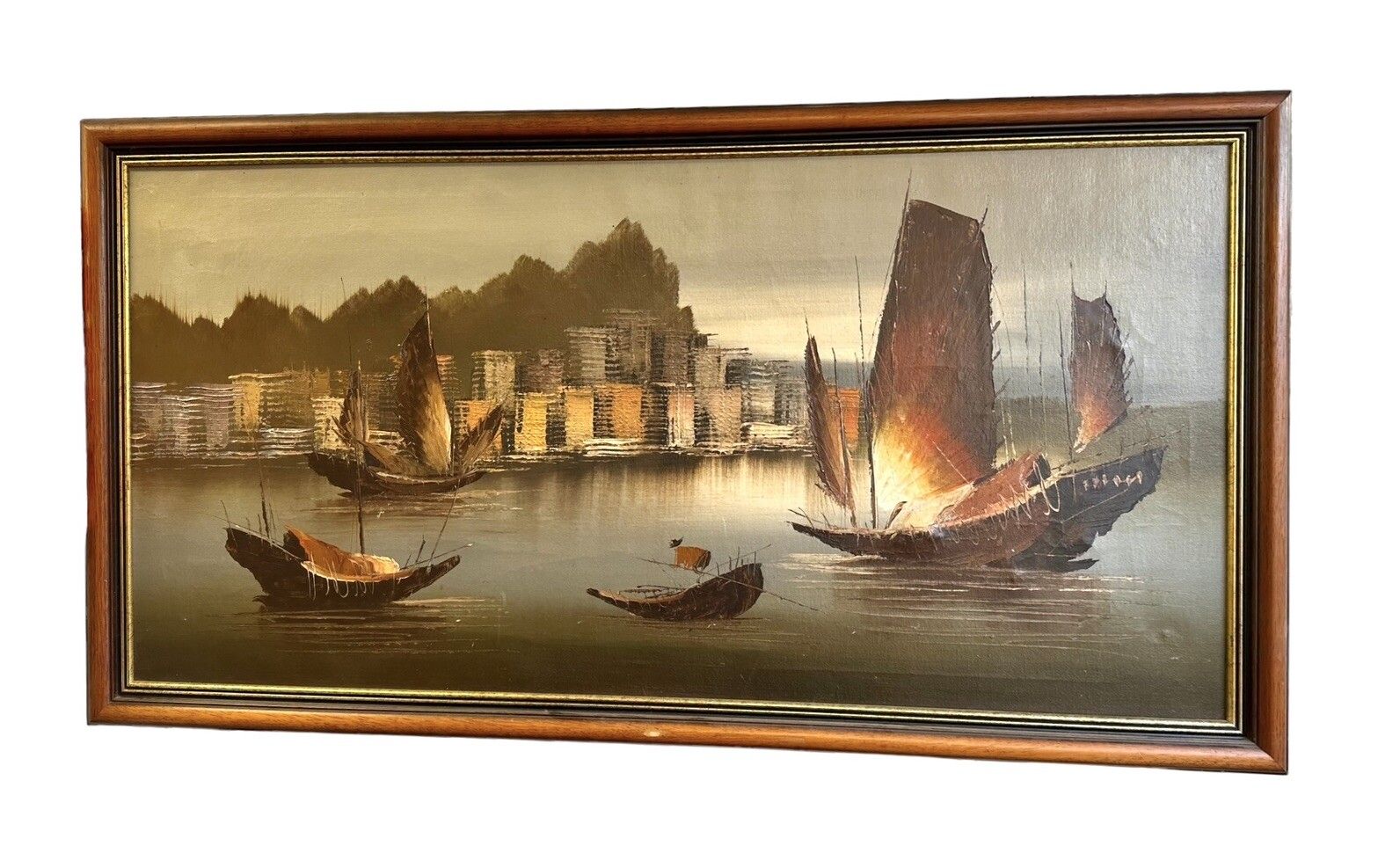 Mid Century Oil On Canvas Hong Kong Victoria Harbour Painting 120cm By 66cm