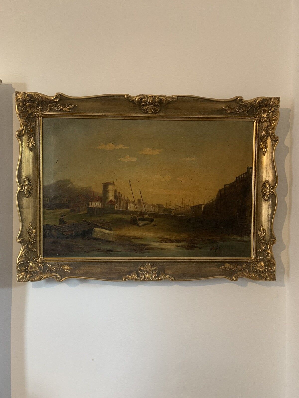 19tn Century Oil On Canvas Nautical Fishing Harbour Scene ￼In Style Of Godchaux photo Art