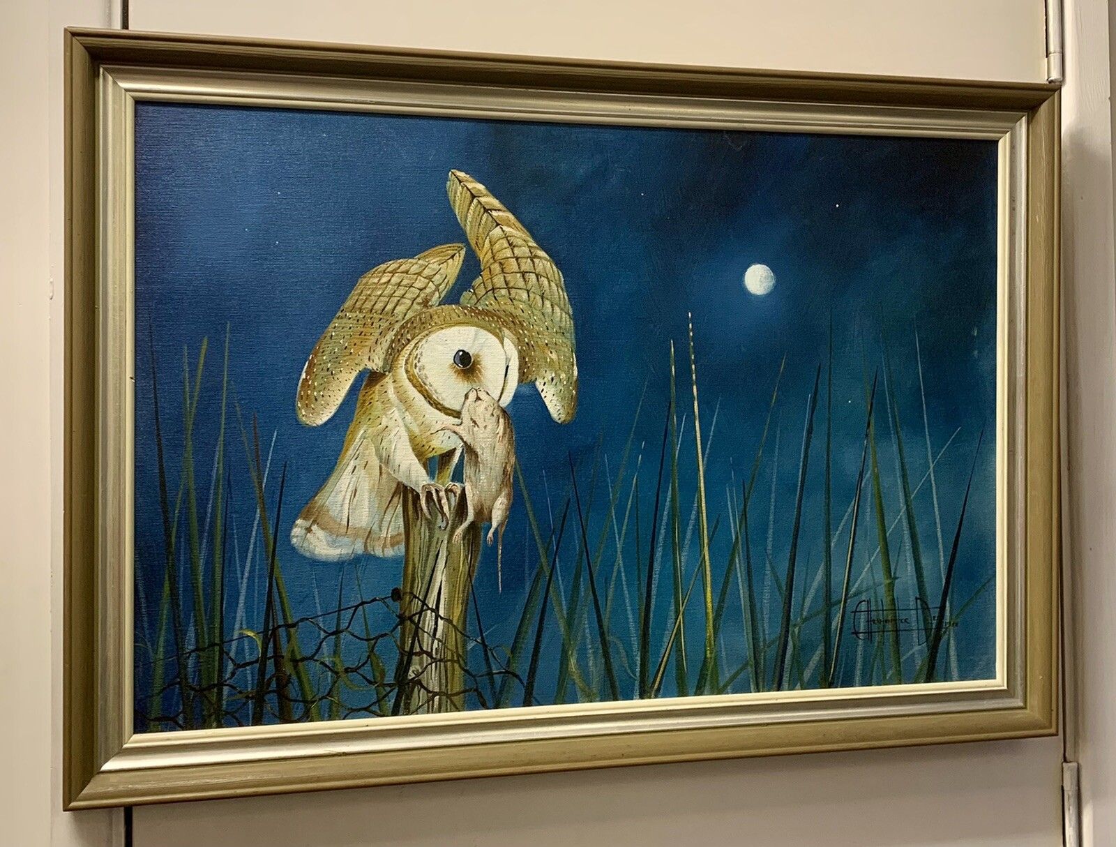 Vintage Large Oil On Canvas By Christopher Dee  Owl Catching Prey 85cm By 60cm photo Art