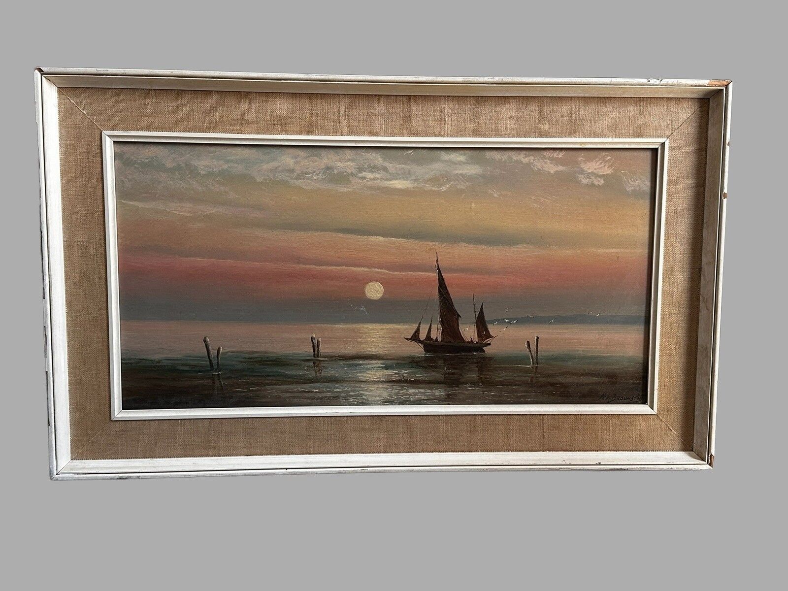 Vintage Signed Oil Maritime “Low Tide” Off Cromer H L Braunston  75cm X44
