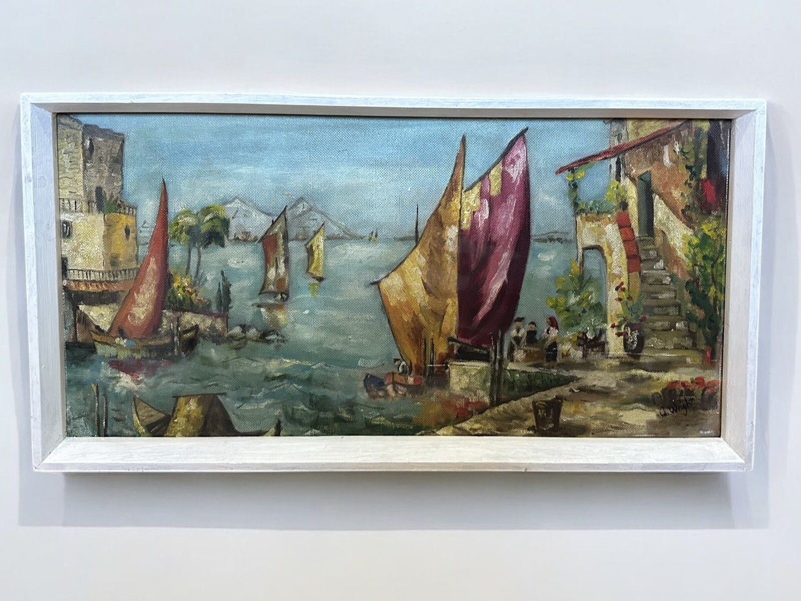 Mid Century Signed Painting French Seascape Harbour Scene 79cm By 41cm photo furniture