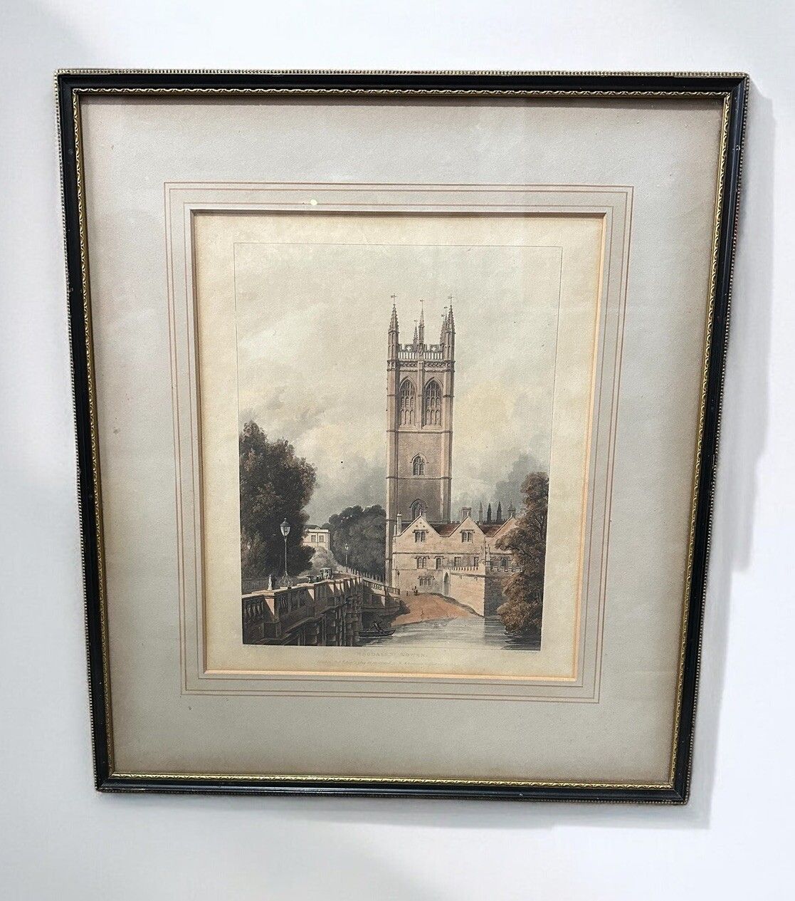 Antique Aquatint Fine Art F Nash 1823 Magdalen Tower And Bridge Oxford