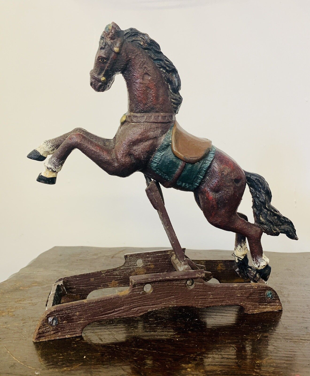 Vintage Antique Cast Iron Metal Jockey Hobbie Horse Figure Desk / Shelf Prop photo for sale