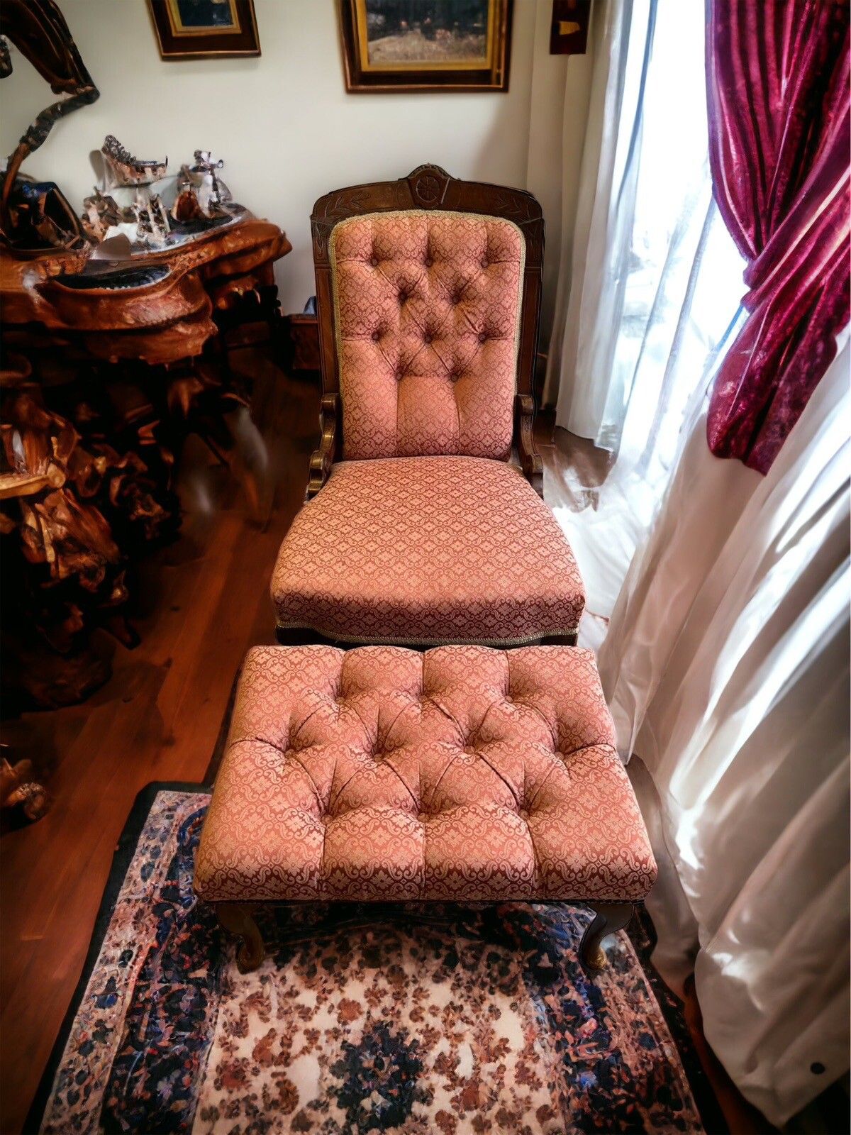Antique Victorian Upholstered Armchair And Foot Stool