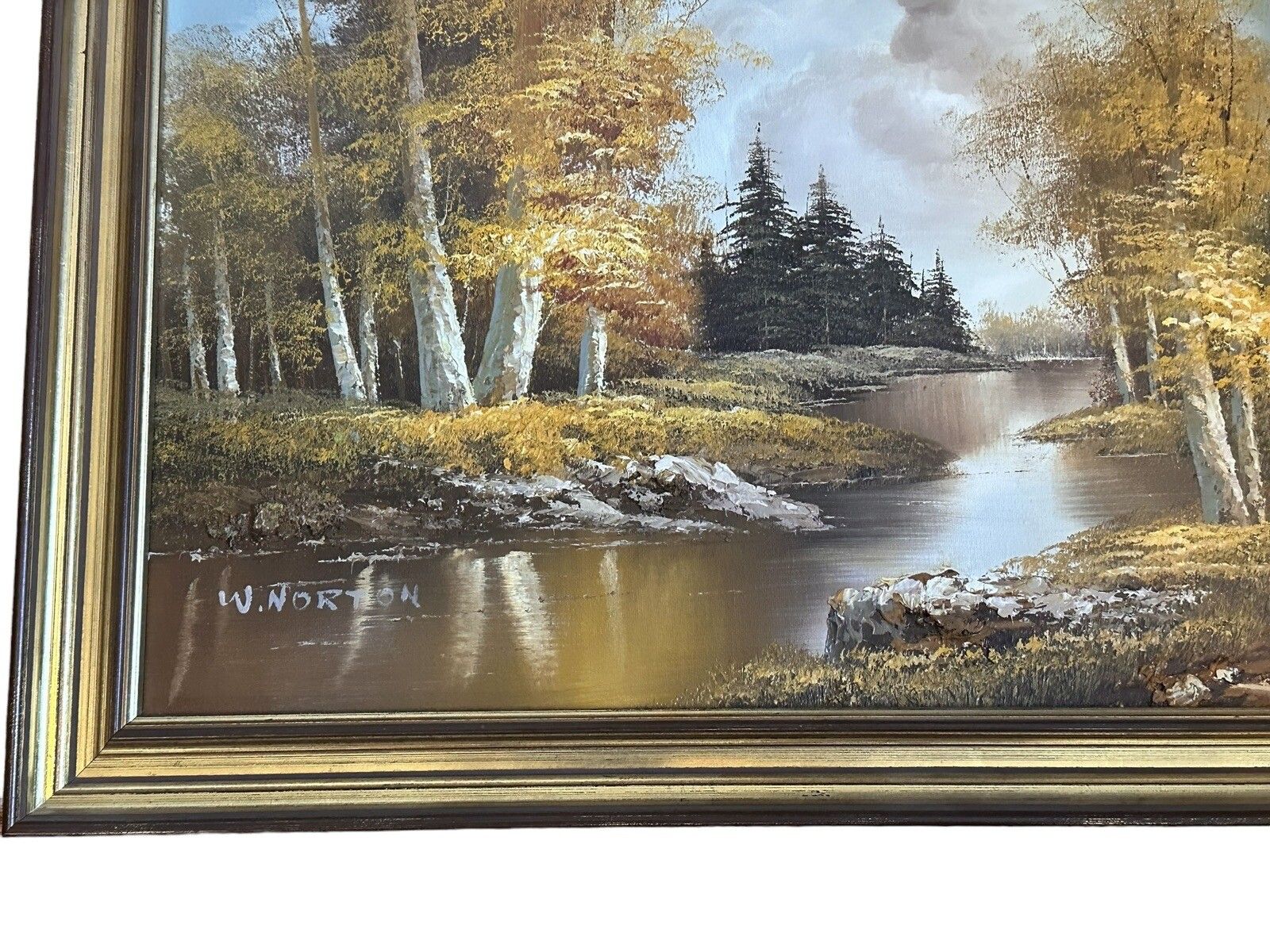 Original Signed Oil On Canvas Waterscape Landscape Forest Scene W Norton photo for sale