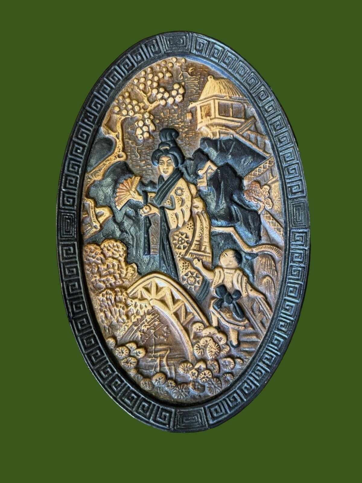 Antique Bretby Pottery Oval Oriental Japanese Pottery Wall Art Plaque...Gorgeous