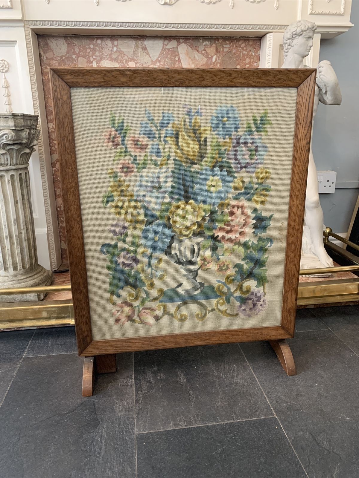 Art Deco Oak Framed Fire Screen  Hand Made Tapestry Panel Turns Into A Table