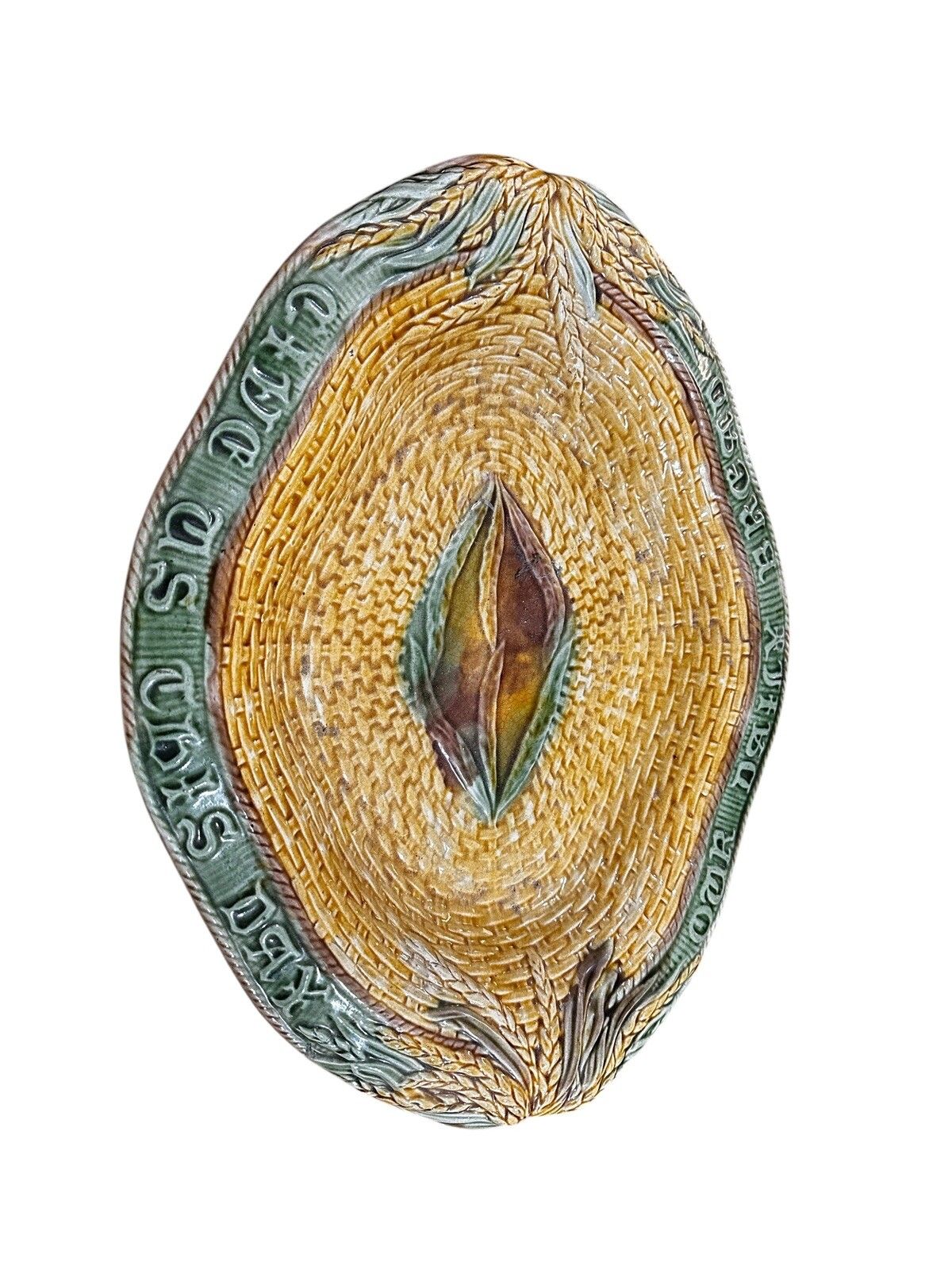 Antique Majolica Large Oval Platter, “Give Us This Day Our Daily Bread” photo furniture