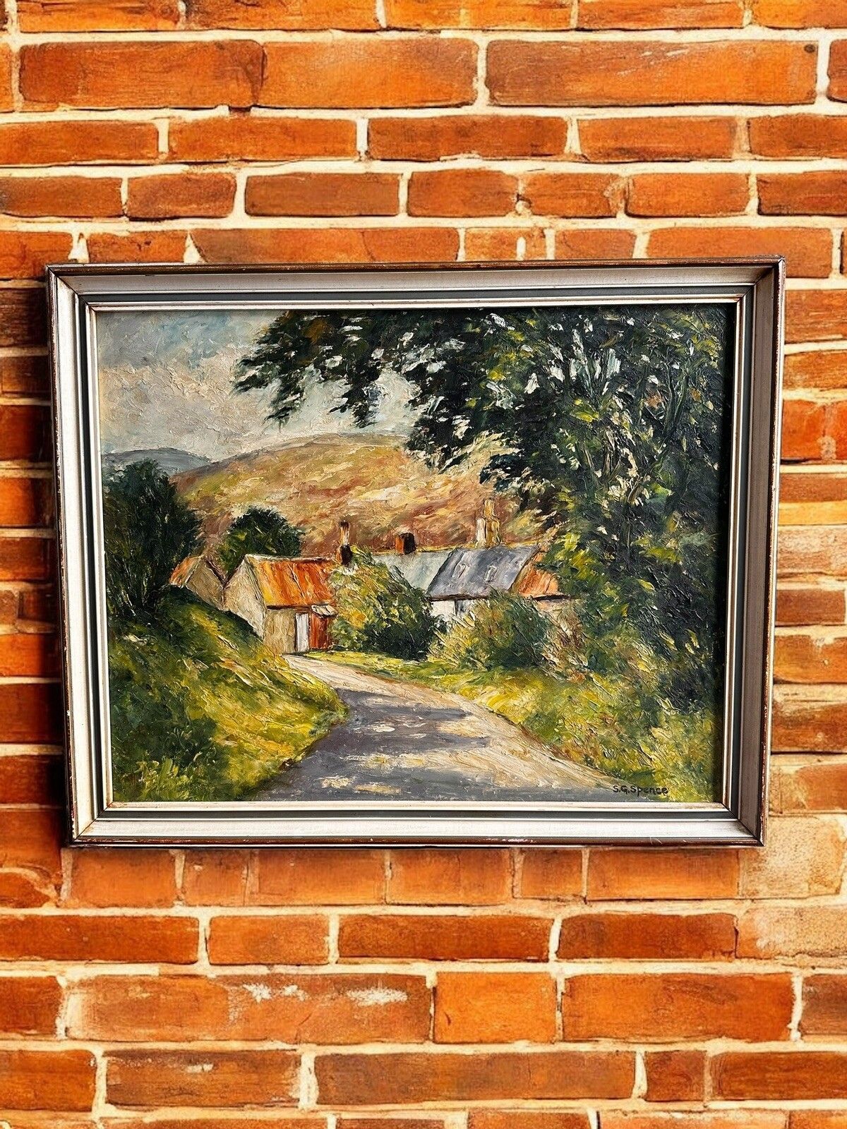 Fine Midcentury Signed Oil Painting Countryside Landscape Scene 22” X 18”