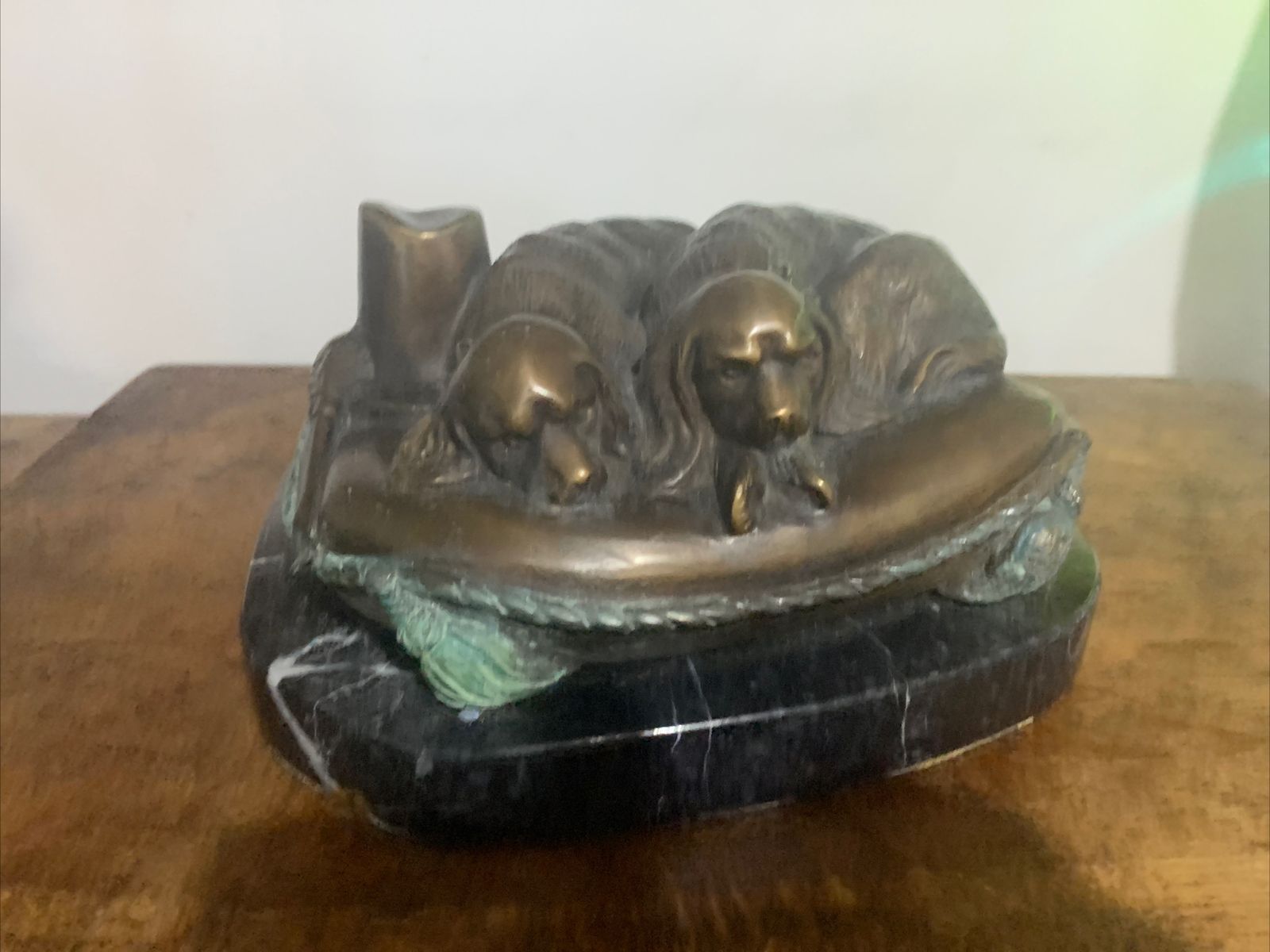 French Art Deco Bronze Signed Bonheur Spaniel Dogs Sleeping In Basket photo furniture