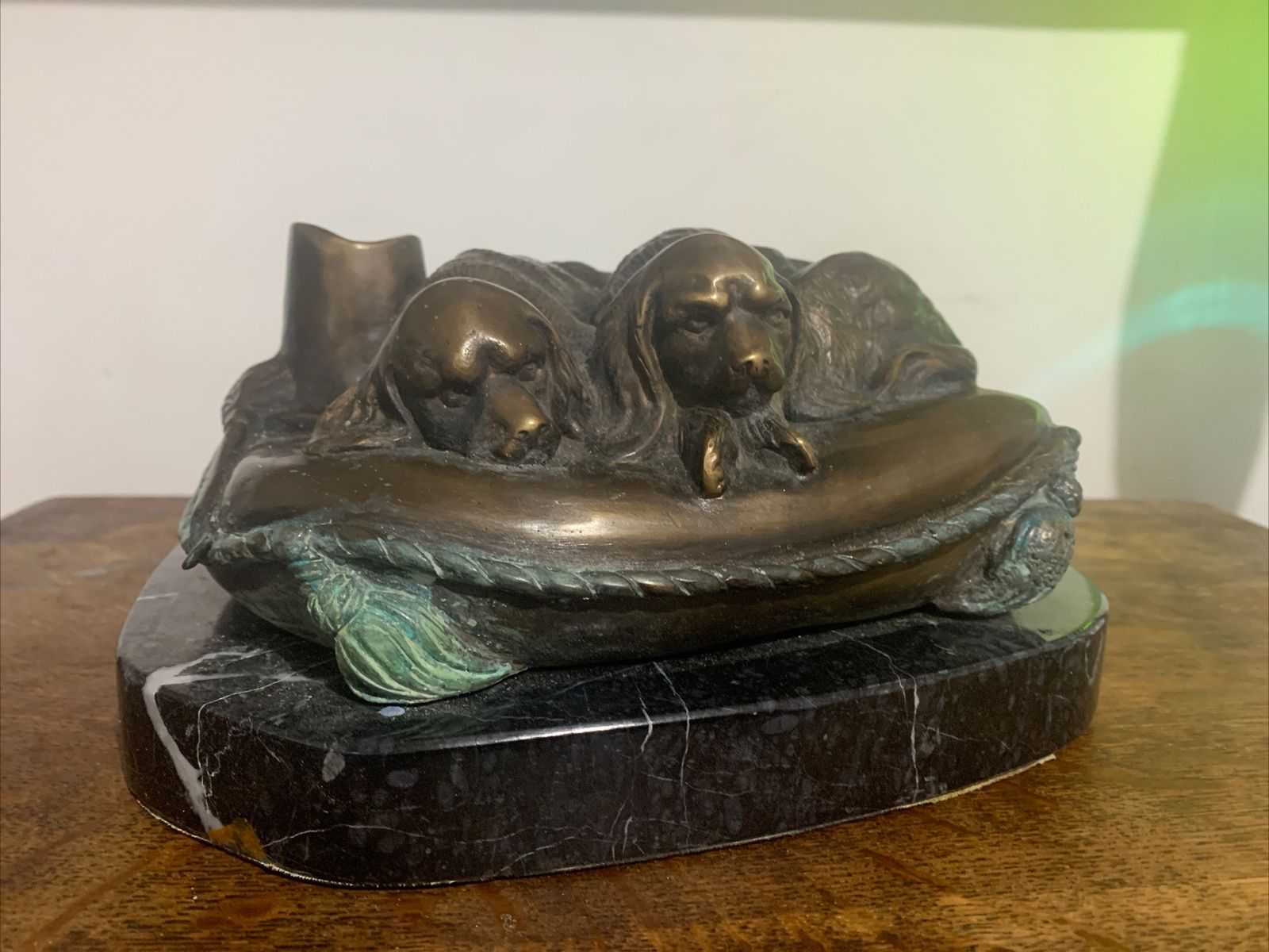 French Art Deco Bronze Signed Bonheur Spaniel Dogs Sleeping In Basket photo for sale